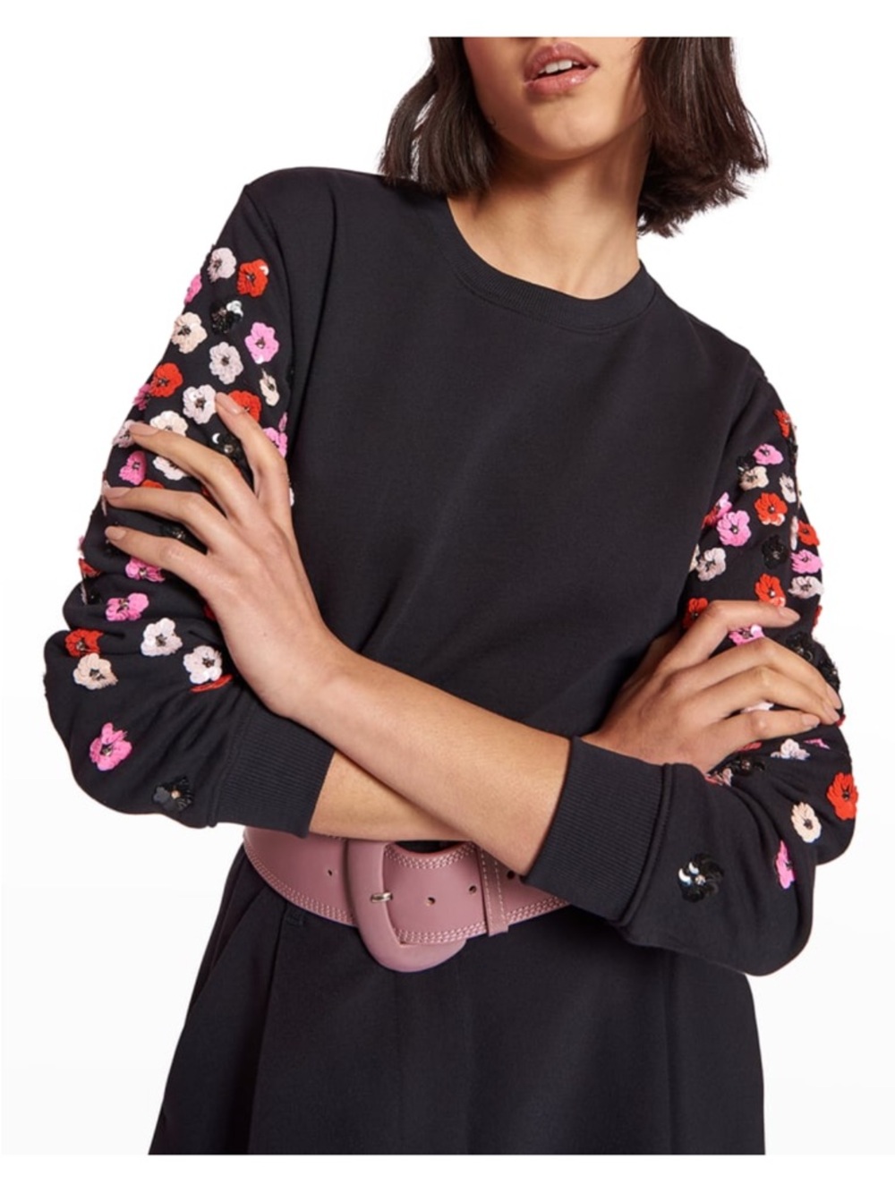 Essential Antwerp 
Black Sweatshirt  with Pink & Red Floral Embellished Sleeves